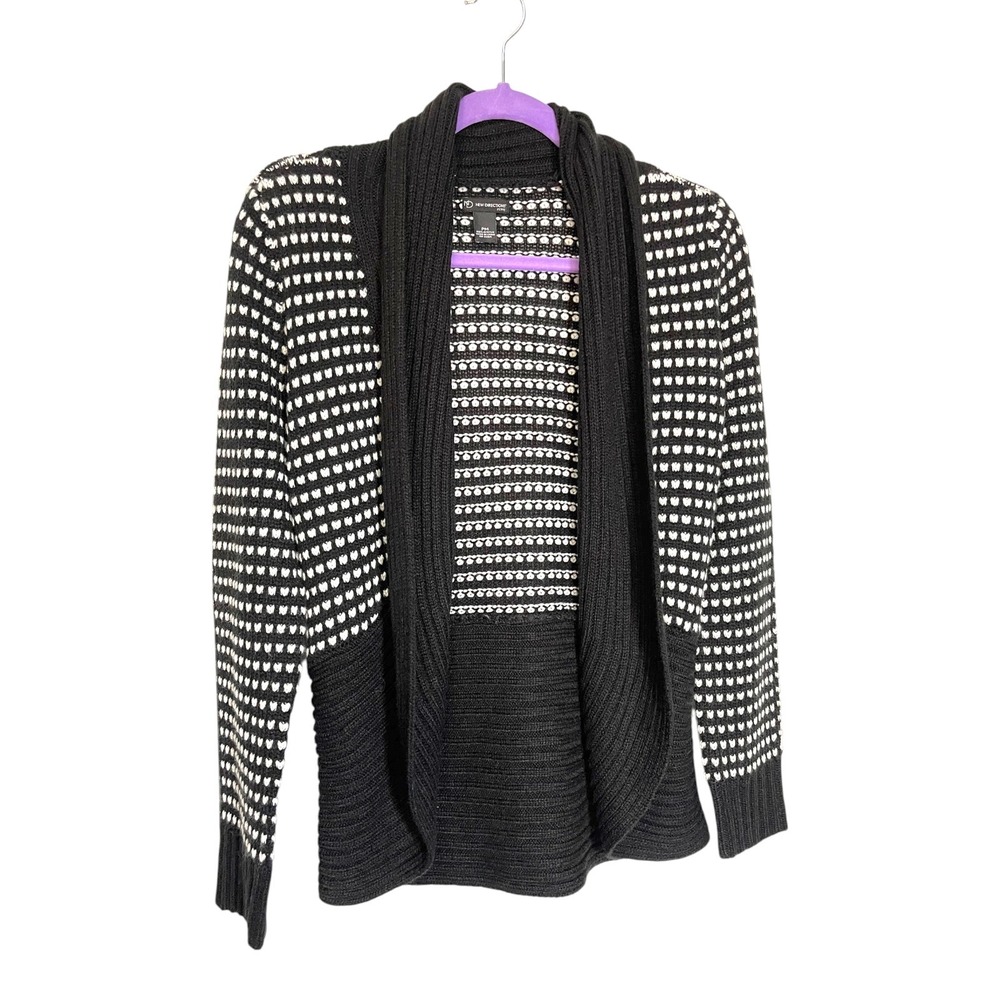 New Directions PM Black White Cardigan Open Front Shawl Collar Mod Dark Academia